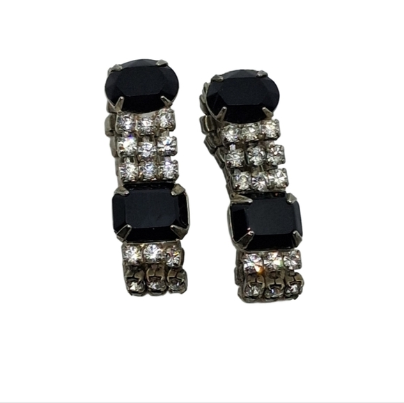 Vintage 50s Black And White Rhinestone Wrap Around Clip Earrings - Picture 4 of 8